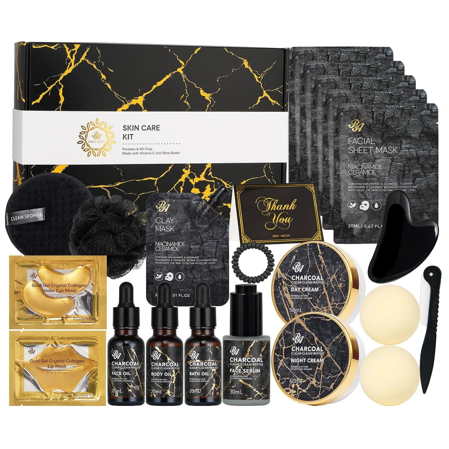 Valentines Day Gifts for Women & Men, Charcoal 23 Pcs Skin Care Set, Bath and Body Kit, Spa Gift Set, Birthday Gifts, Serum, Face Oil, Sheet Mask, Clay Mask, Bath Bombs, Christmas, Mother Day, Dad
