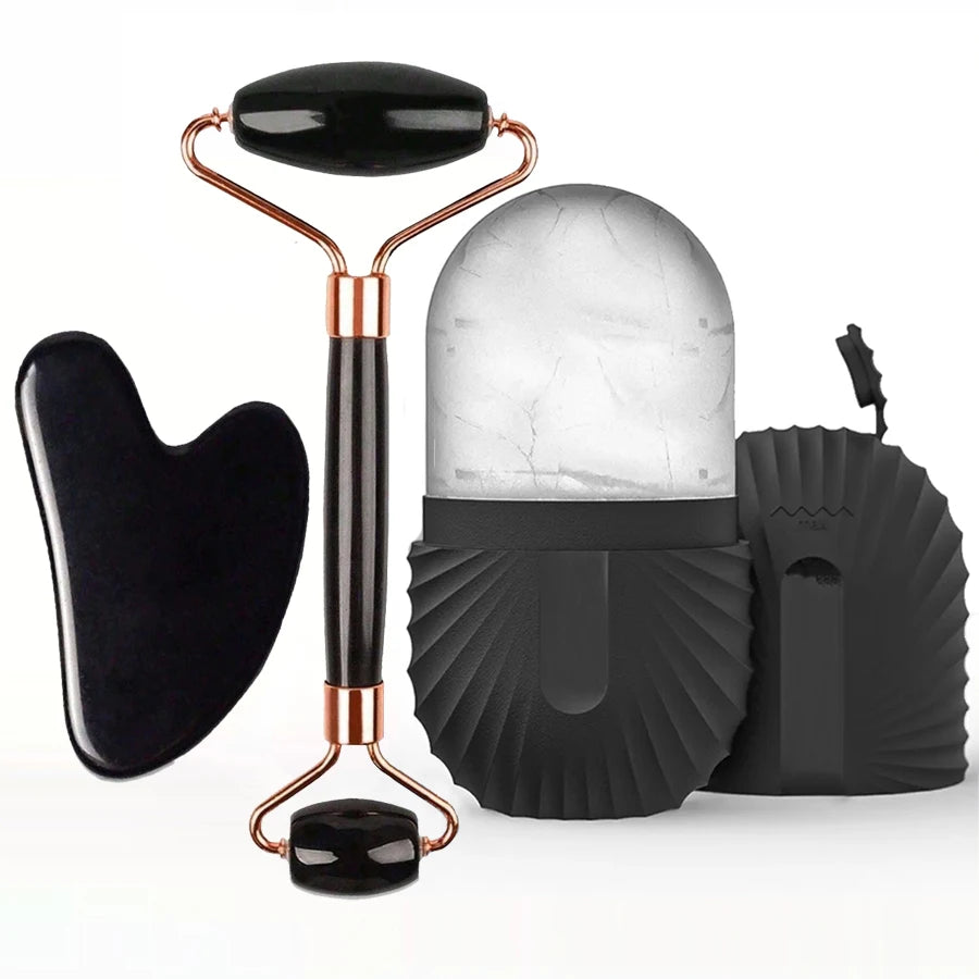Coffret Rituel Éclat & Contour : Kit Gua Sha, Roller en Pierre et Moule à Glace Facial.