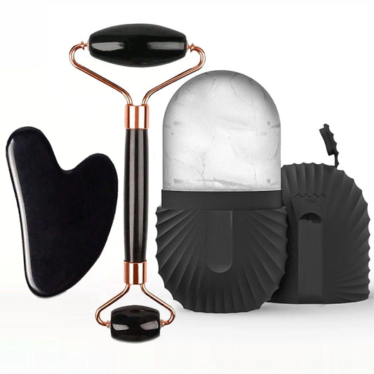 Coffret Rituel Éclat & Contour : Kit Gua Sha, Roller en Pierre et Moule à Glace Facial.